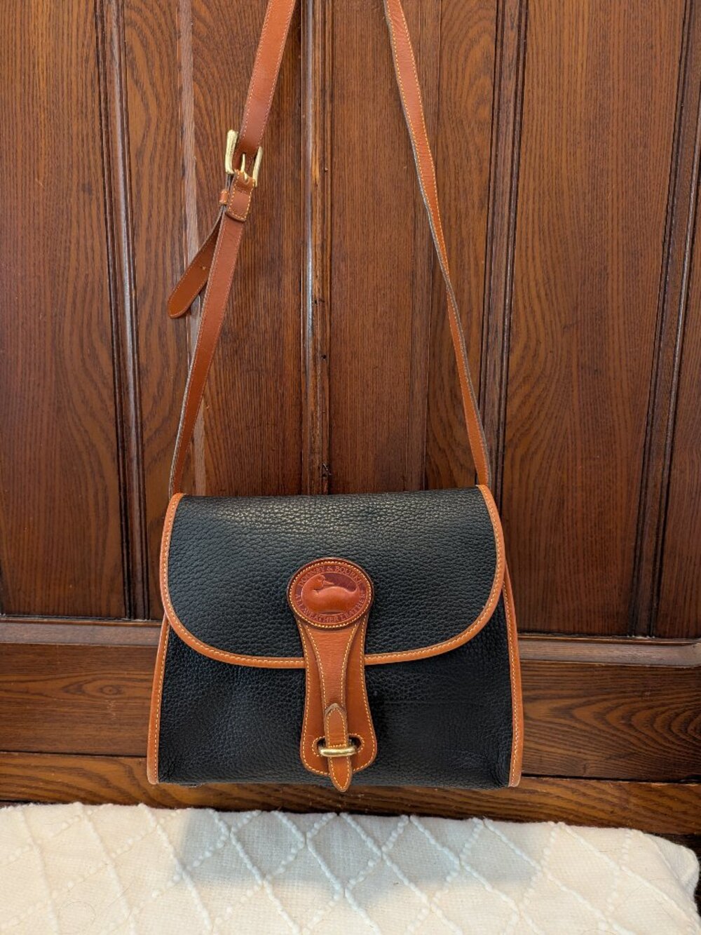 Vintage Dooney & Bourke  Essex Black Allweather Leather Tan Leather Shoulder Bag